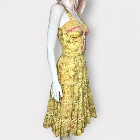Kitten D’Amour Cottage Core, Fairy, Yellow Floral, Pink Lace Bow Dress - Picture 7 of 11